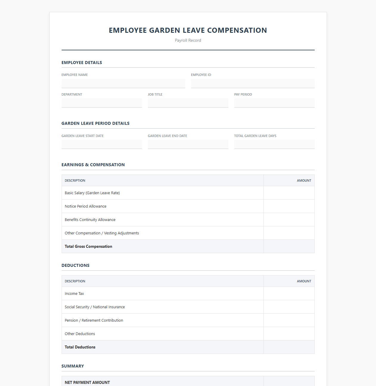Employee Garden Leave Compensation Payroll Record