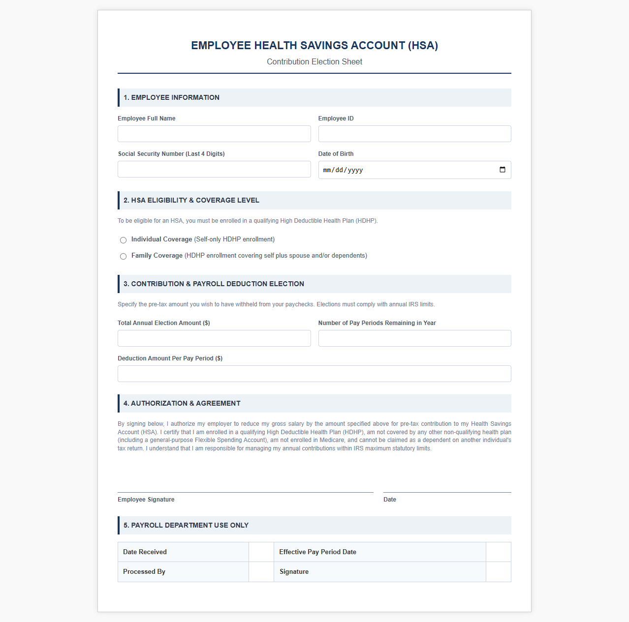 Employee Health Savings Account Contribution Election Sheet