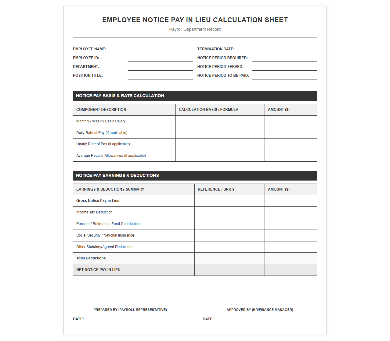 Employee Notice Pay in Lieu Calculation Sheet