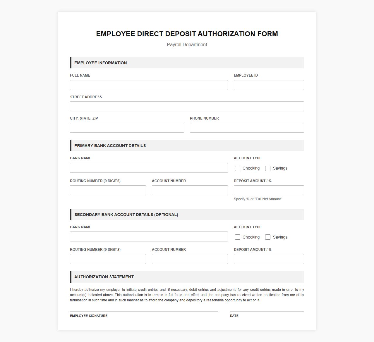 Employee Payroll Direct Deposit Form