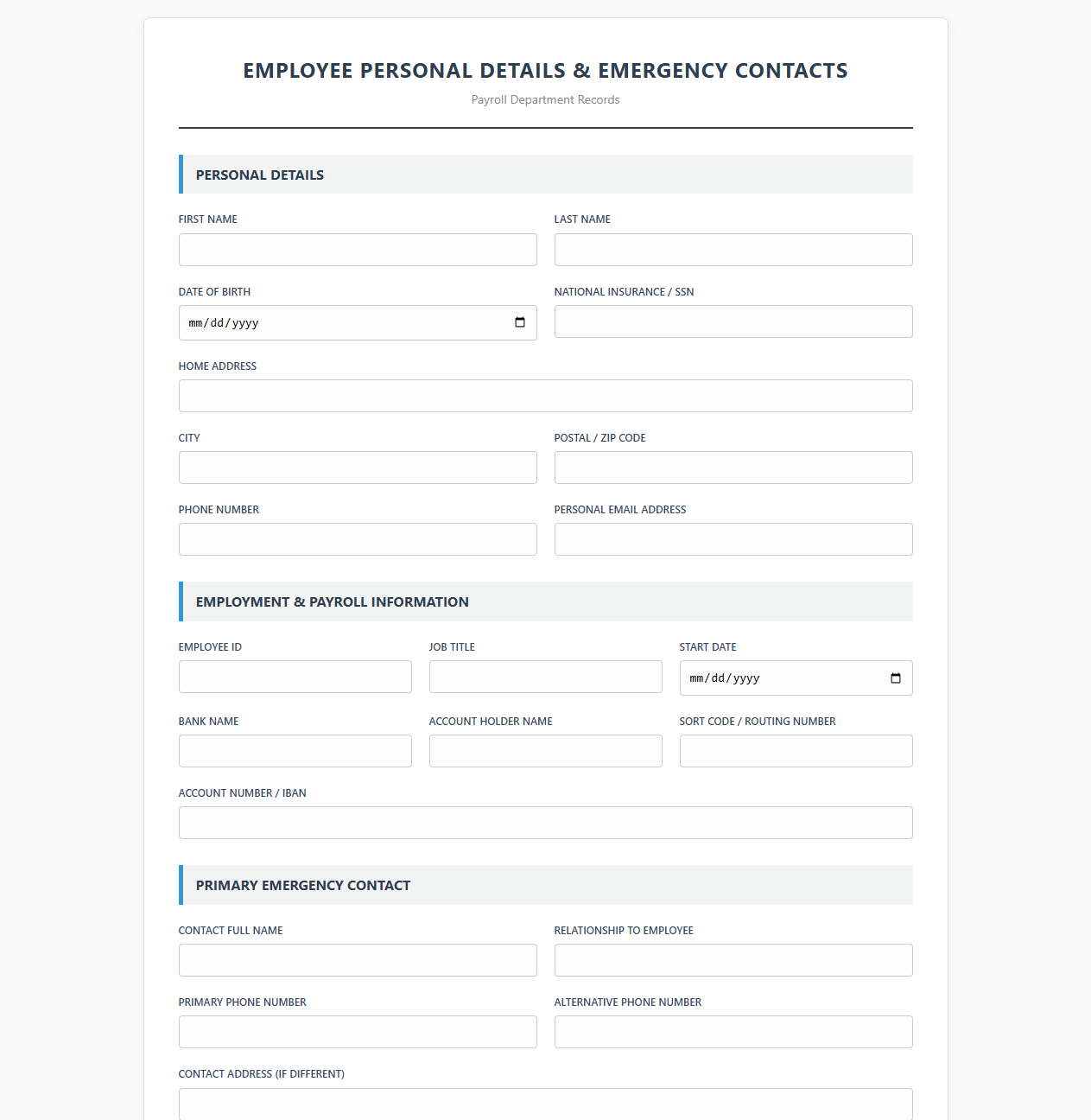 Employee Personal Details and Emergency Contact Template