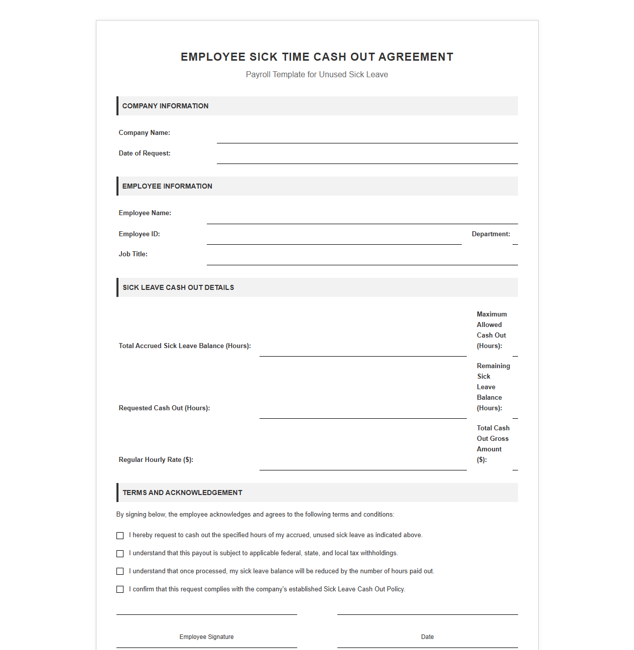Employee Sick Time Cash Out Agreement