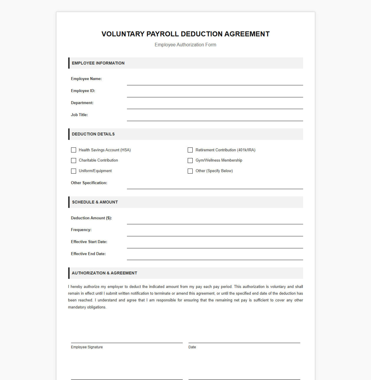 Employee Voluntary Deduction Agreement Template