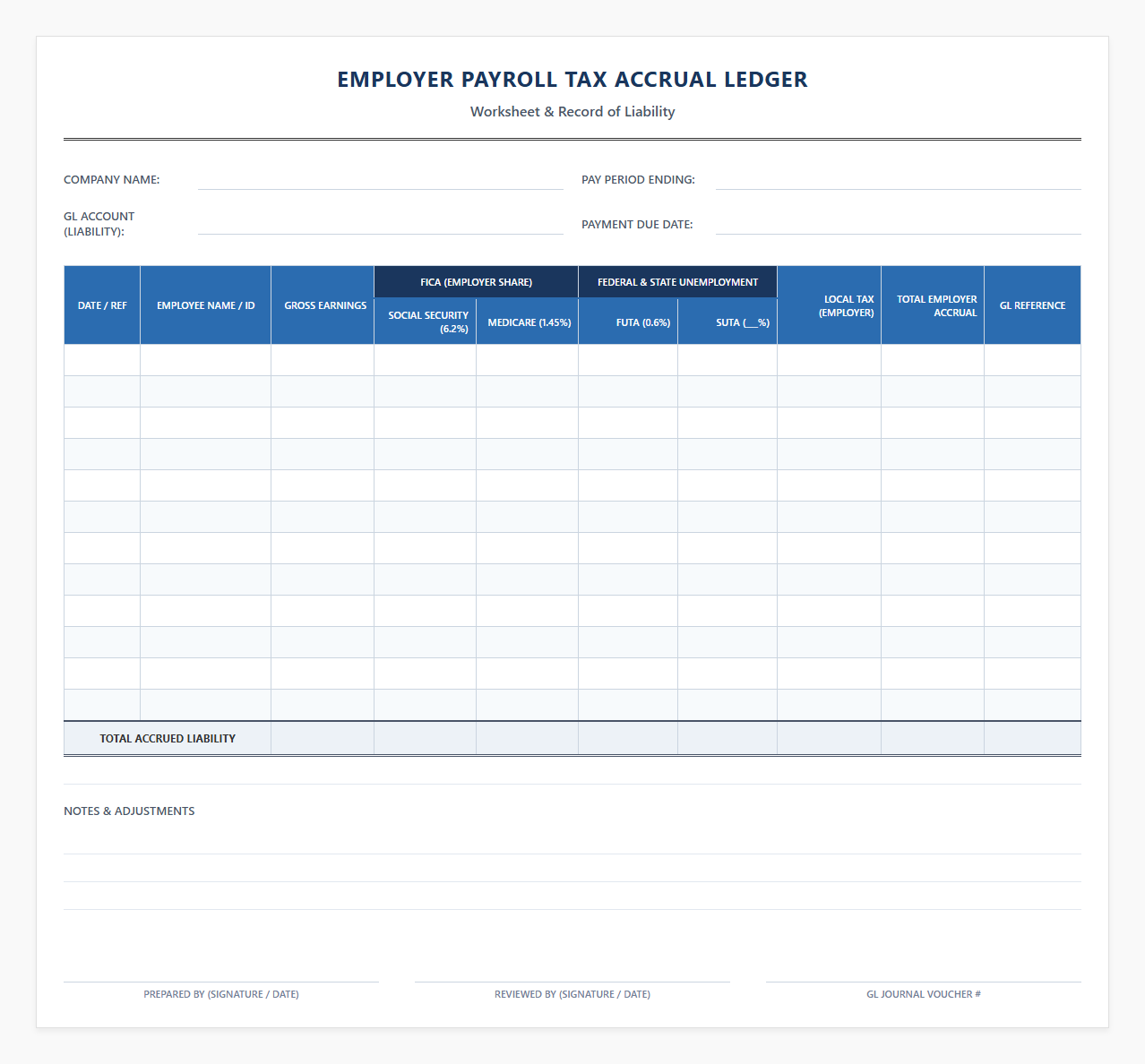 Employer Payroll Tax Accrual Ledger Worksheet