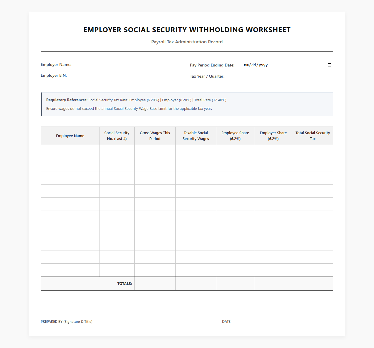 Employer Social Security Withholding Worksheet