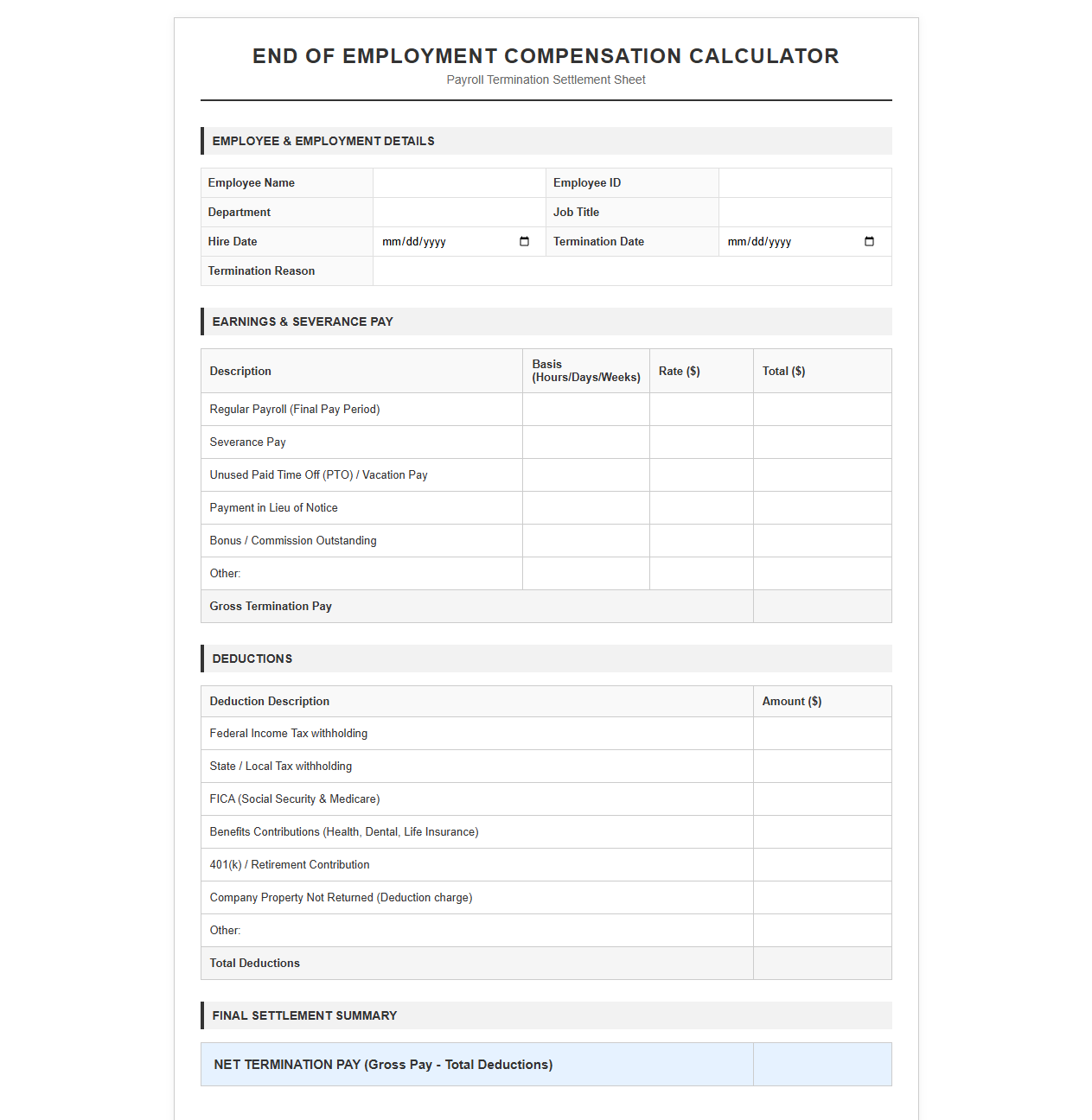 End of Employment Compensation Calculator Template