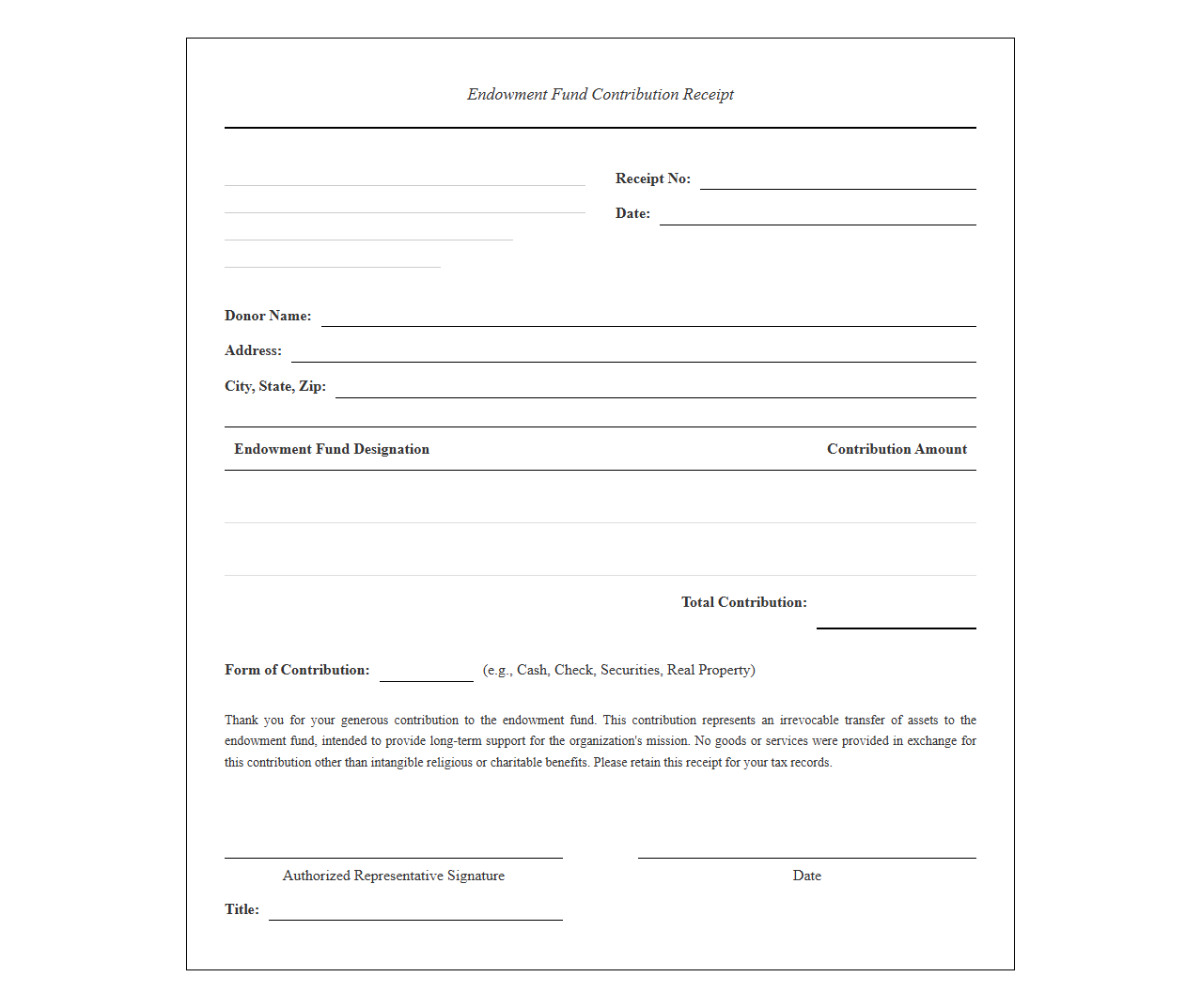 Endowment Fund Contribution Receipt Template