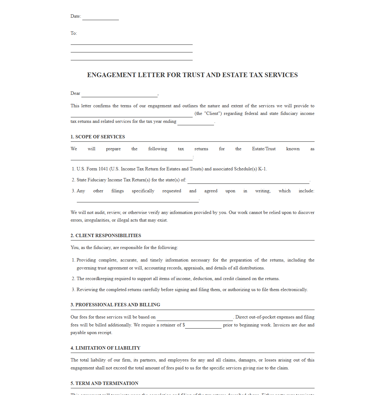 Engagement Letter for Trust and Estate Tax Services