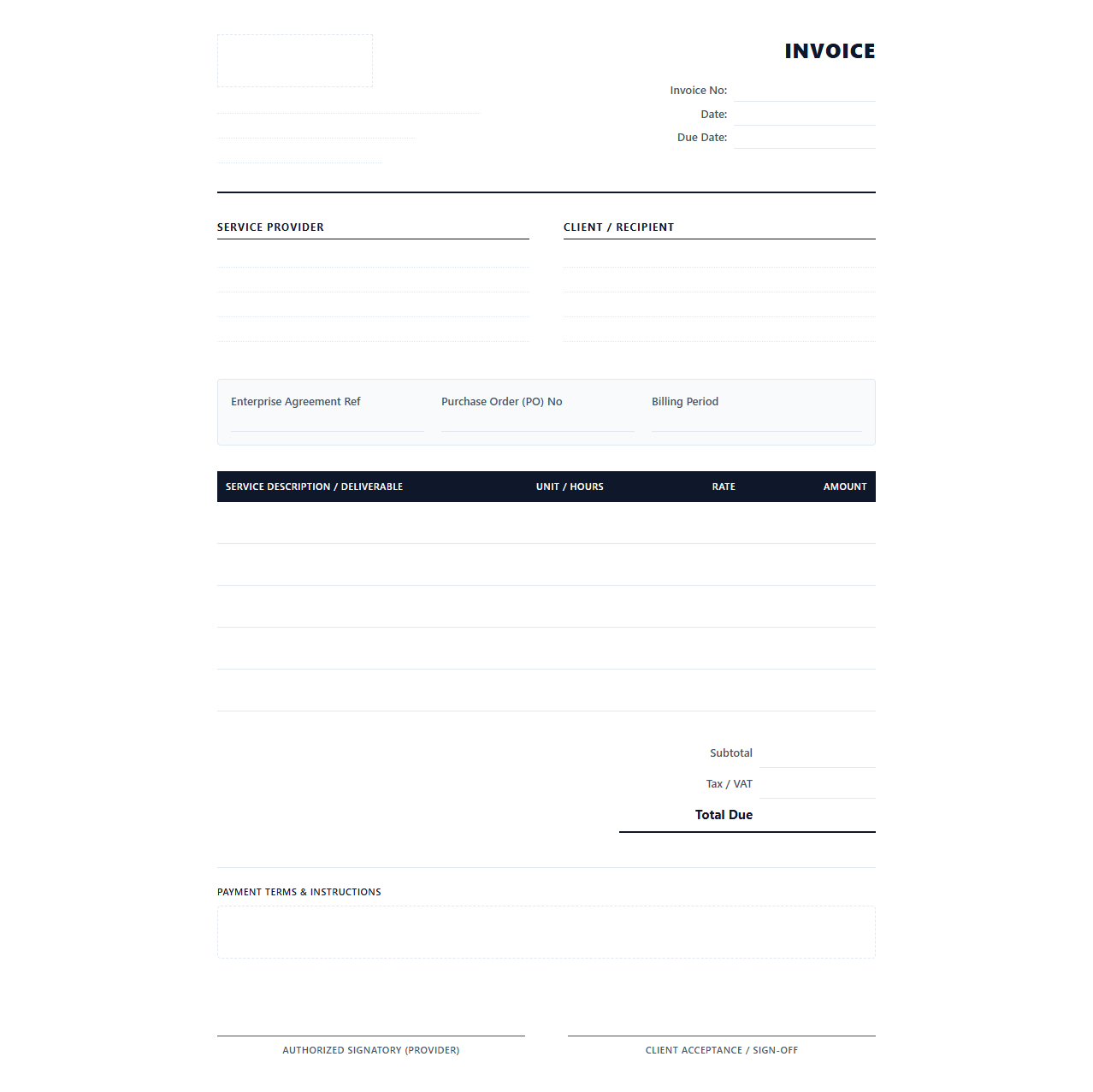 Enterprise Service Agreement Billing Template