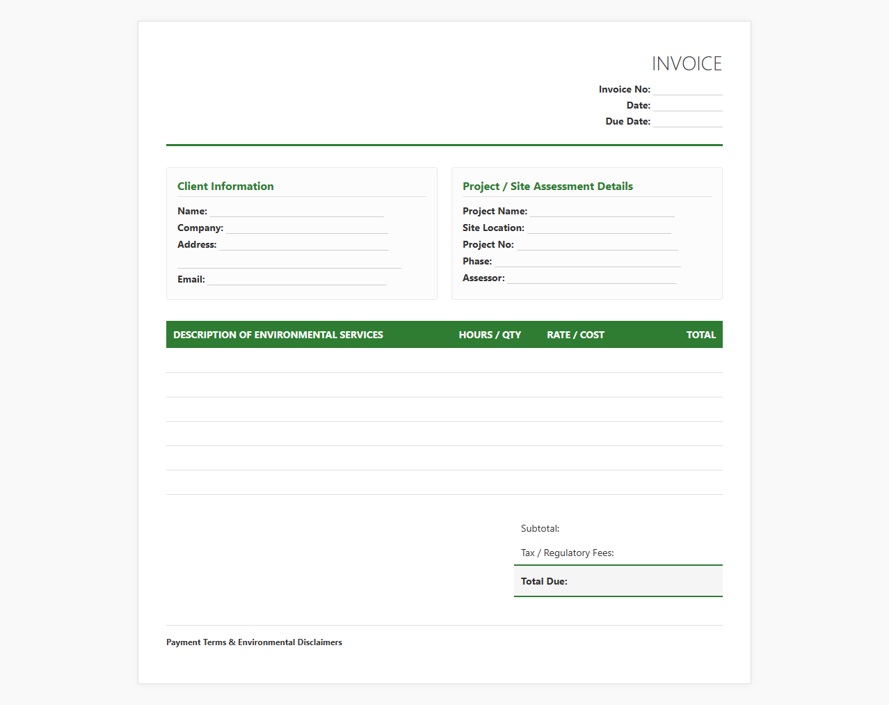 Environmental Site Assessment Billing Template