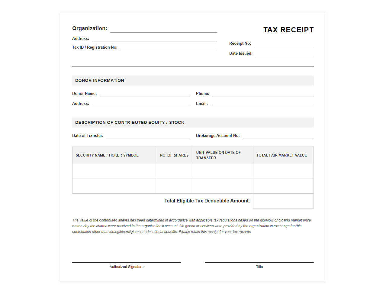 Equity Donation Tax Receipt