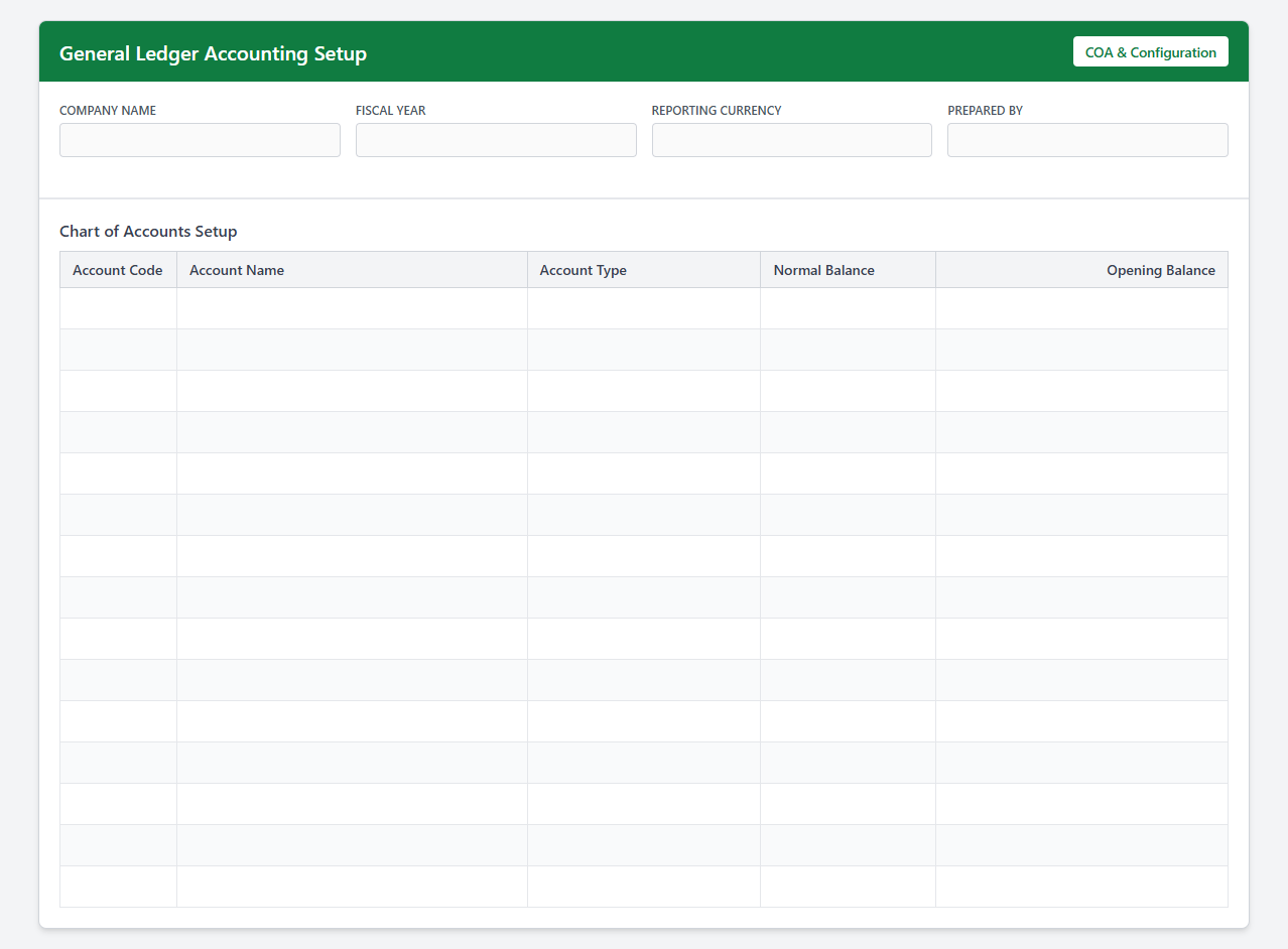 Excel General Ledger Accounting Setup Spreadsheet