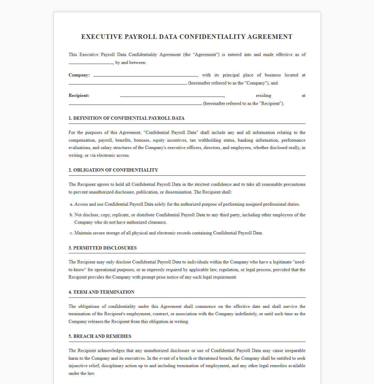 Executive Payroll Data Confidentiality Agreement Template
