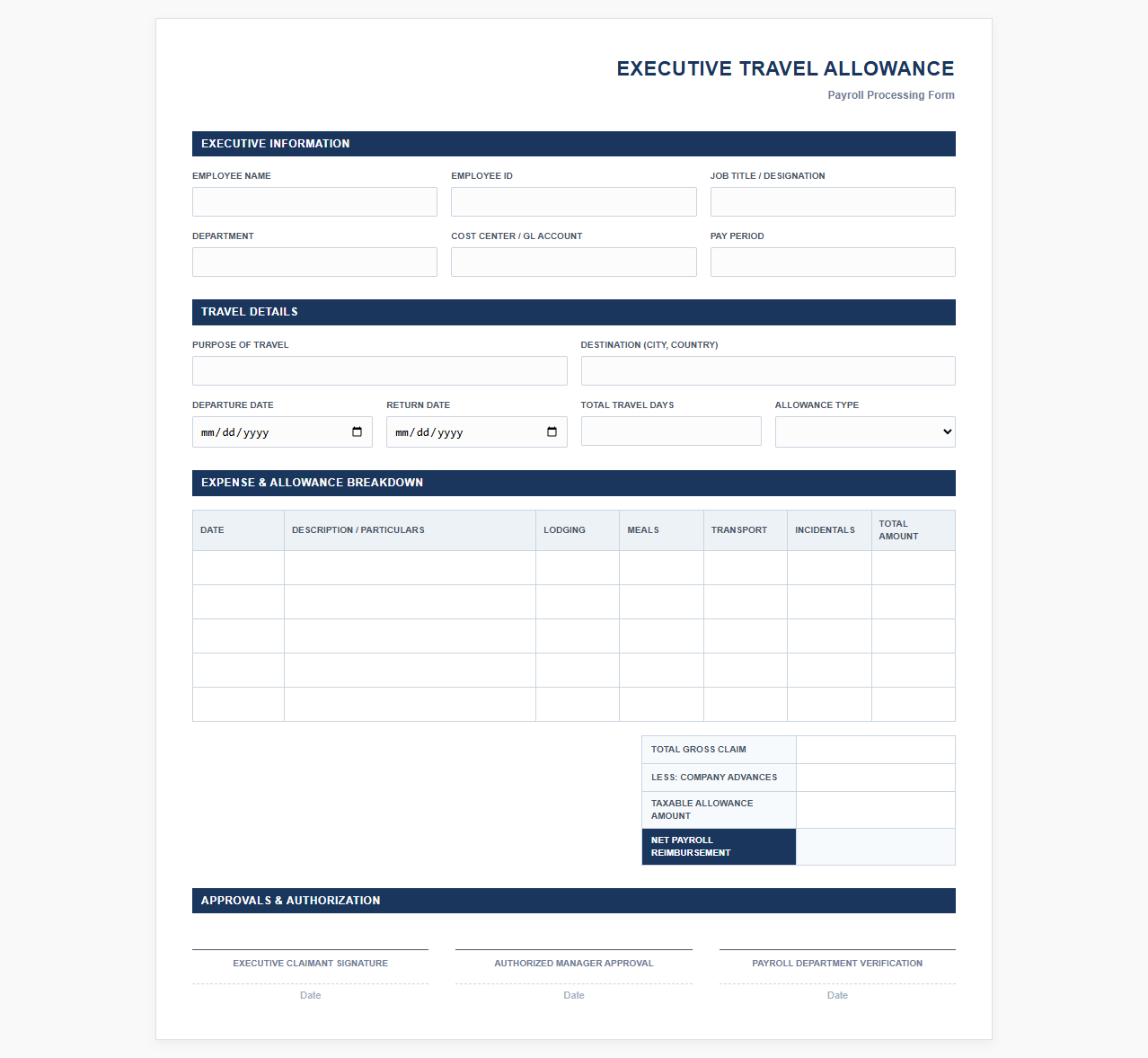 Executive Travel Allowance Payroll Processing Form