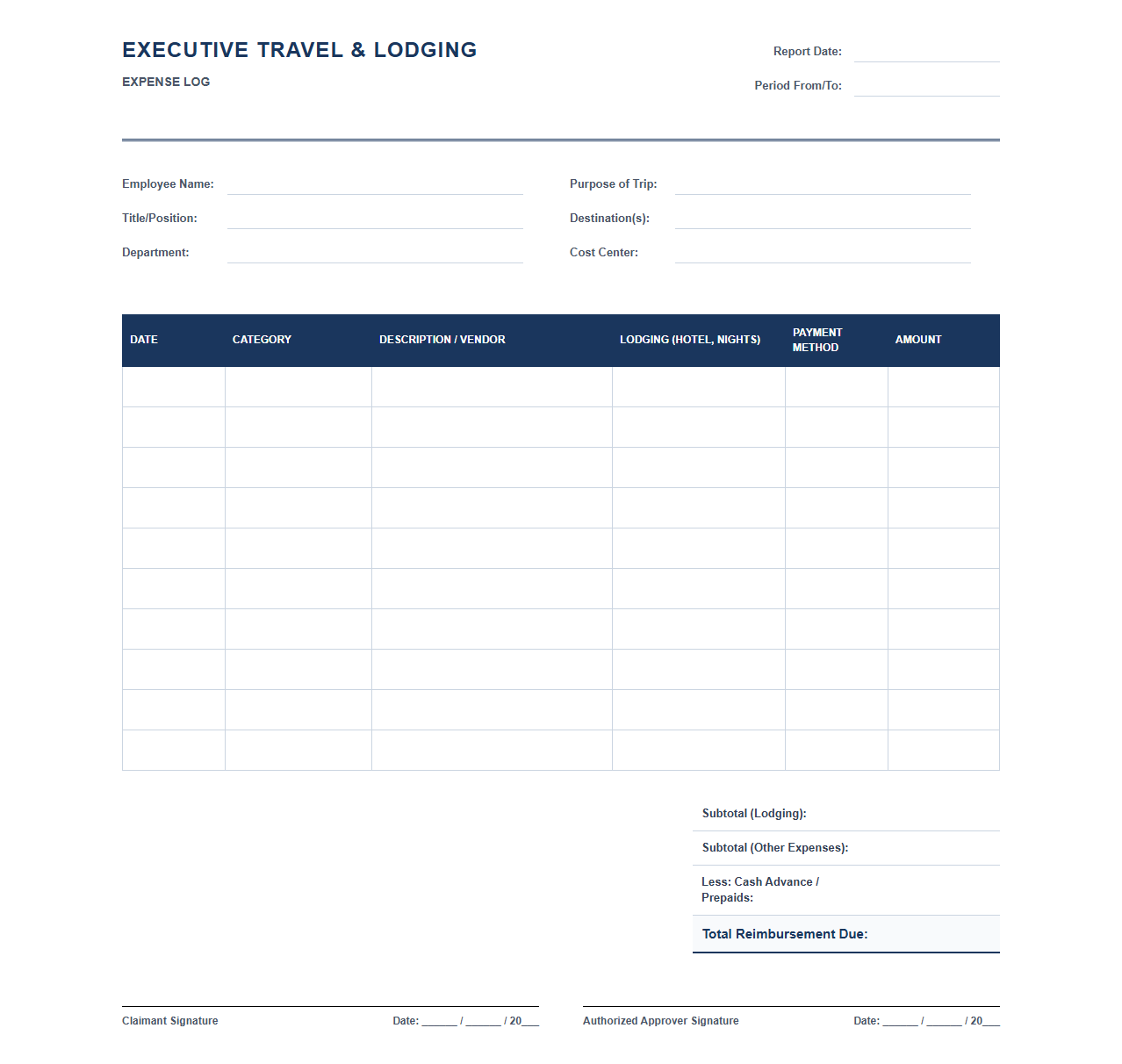 Executive Travel and Lodging Expense Log