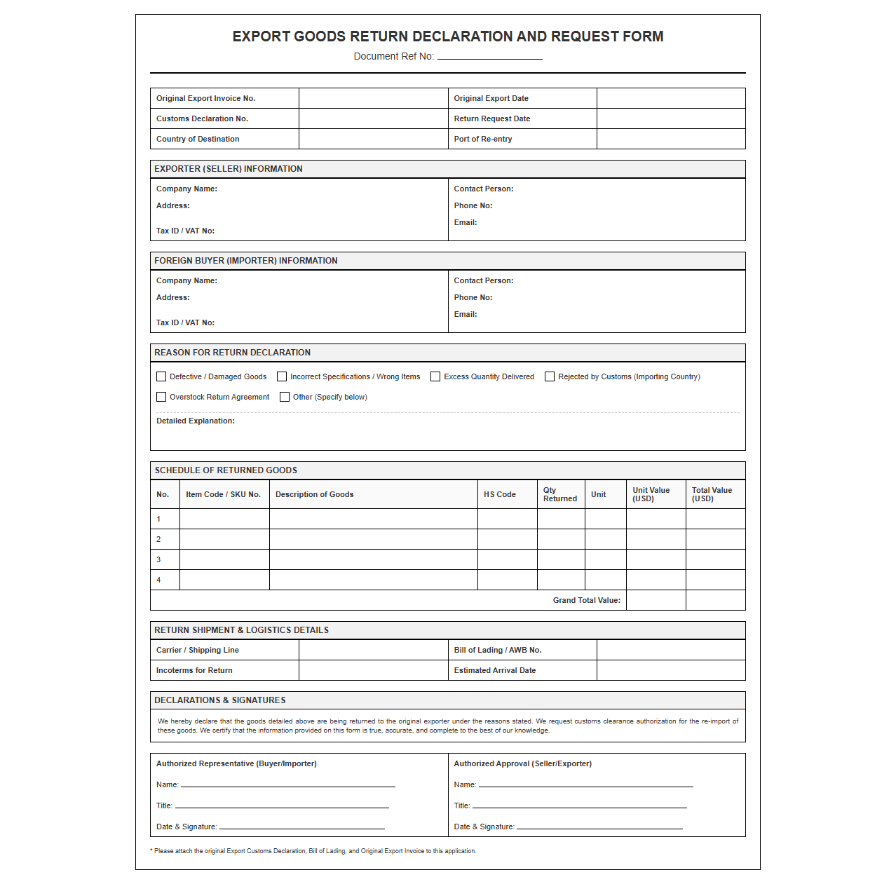 Export Goods Return Declaration and Request Form