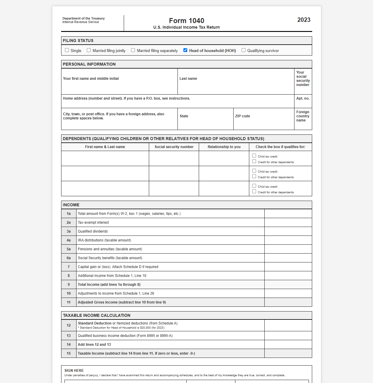 Federal Tax Return Template for Head of Household