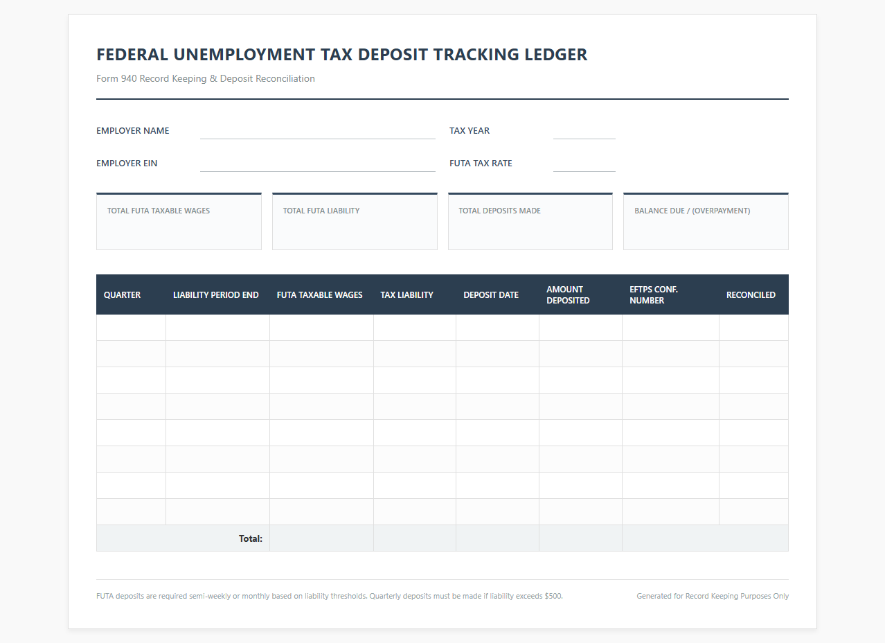 Federal Unemployment Tax Deposit Tracking Ledger