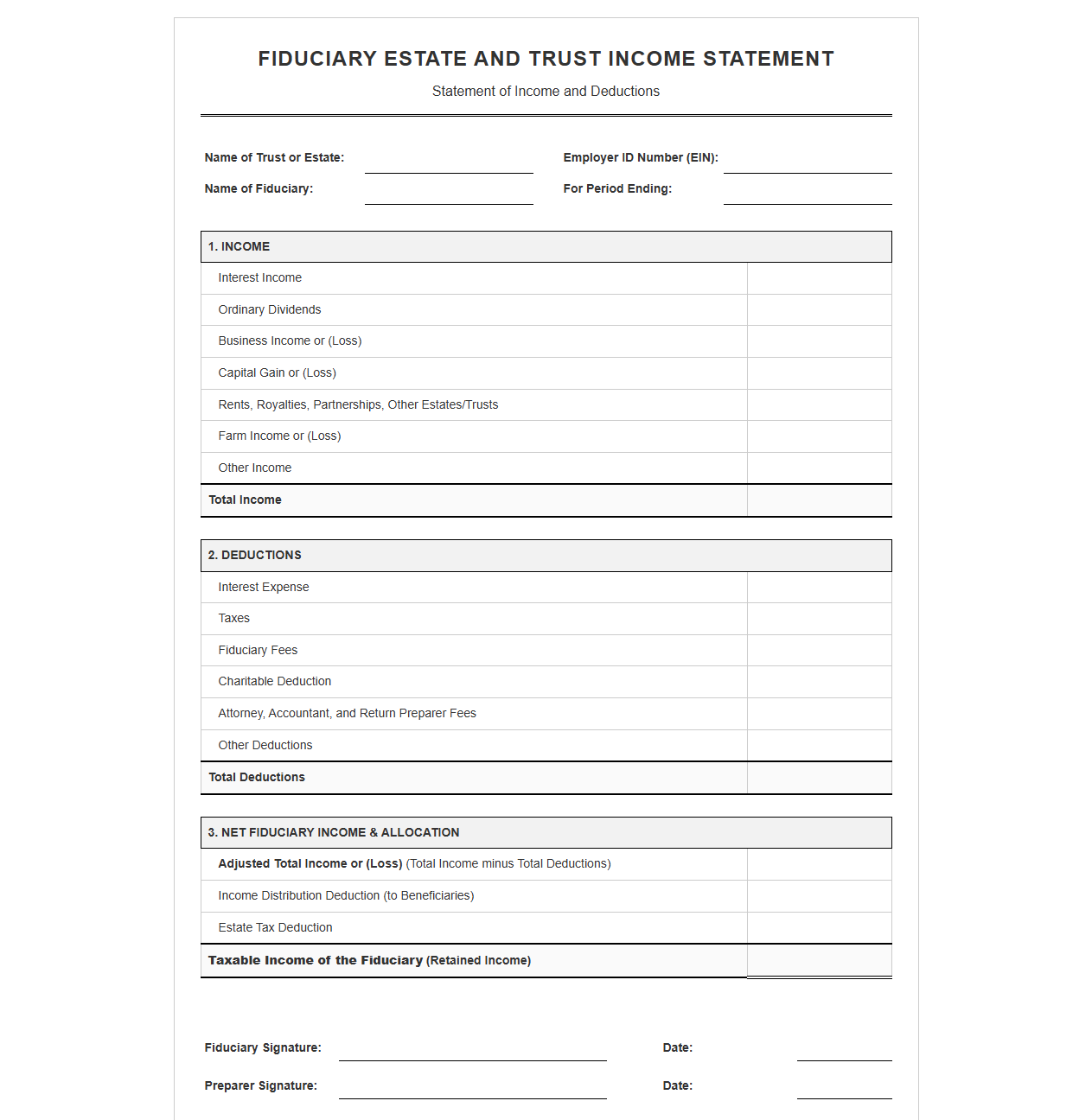 Fiduciary Estate and Trust Income Statement