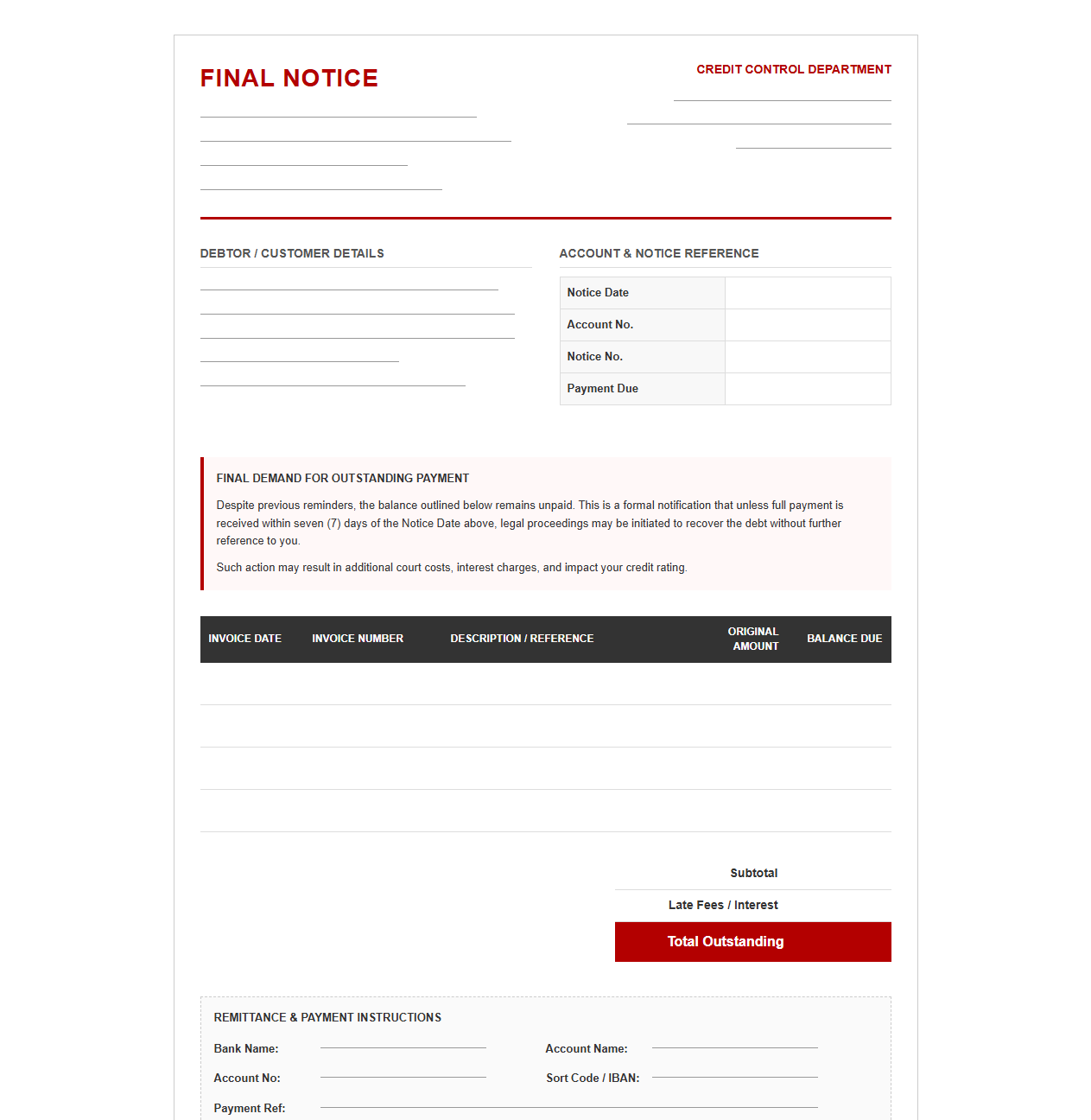 Final Notice Credit Control Invoice