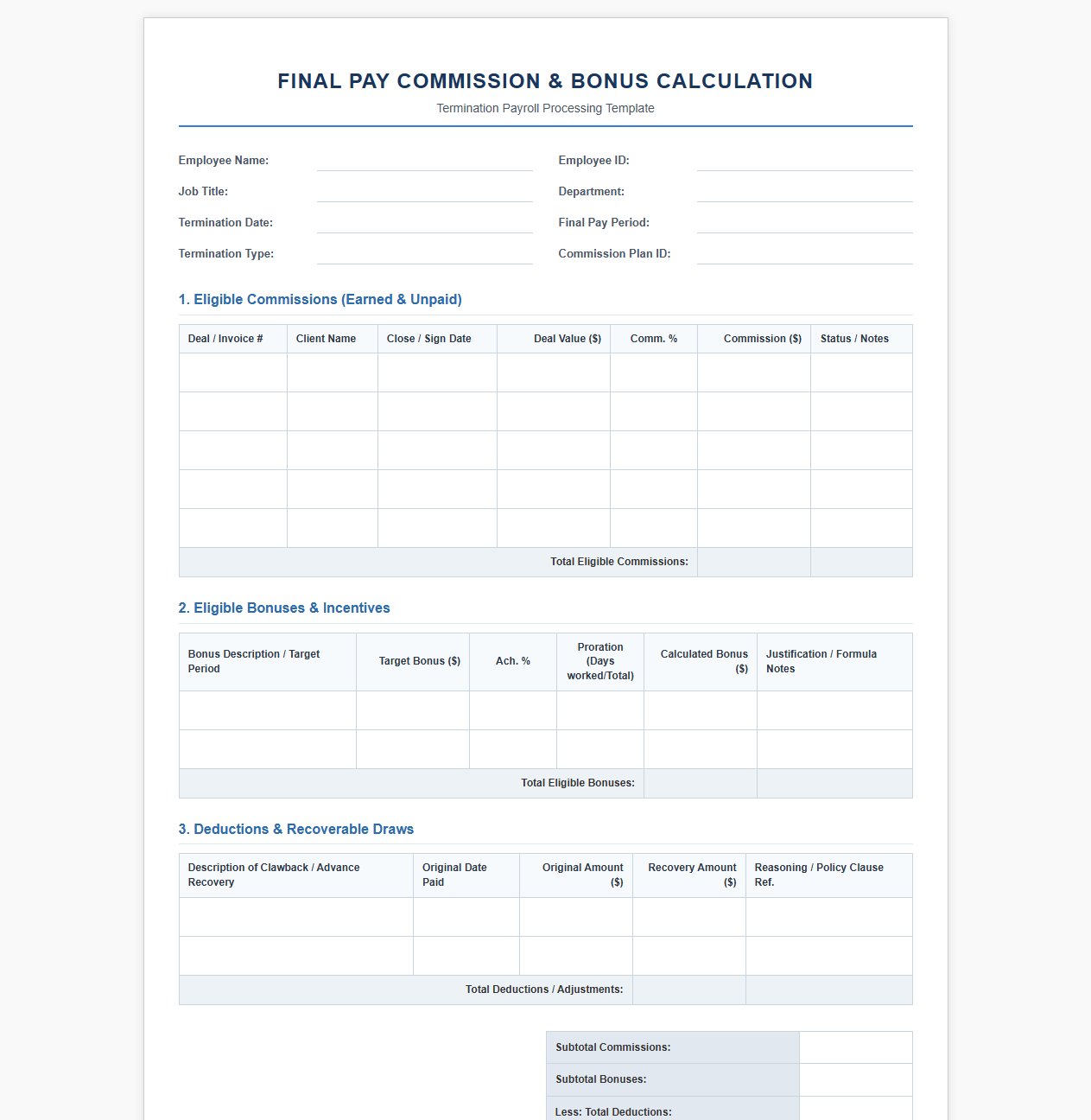 Final Pay Commission and Bonus Calculation Template