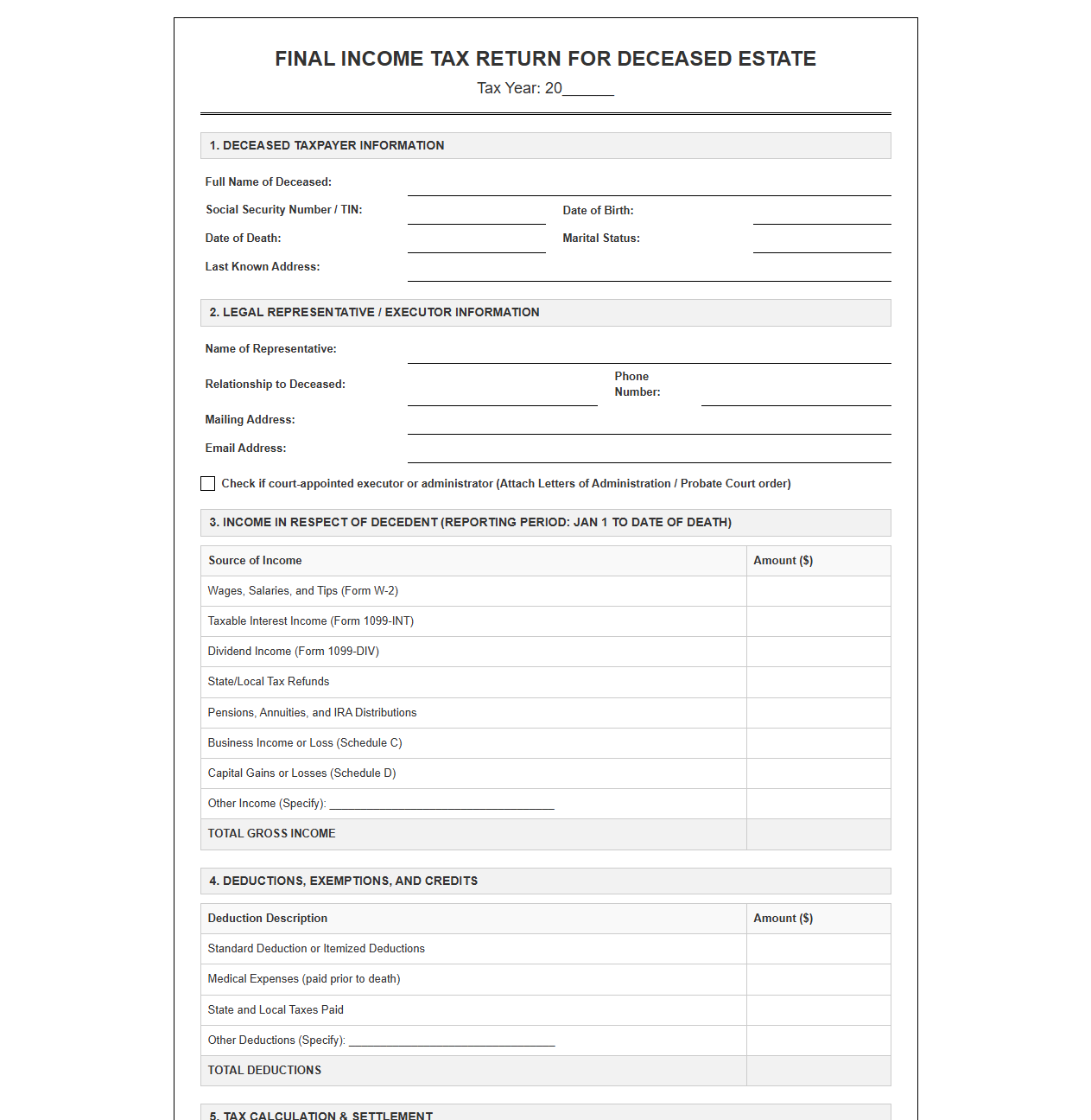 Final Tax Return Template for Deceased Estate