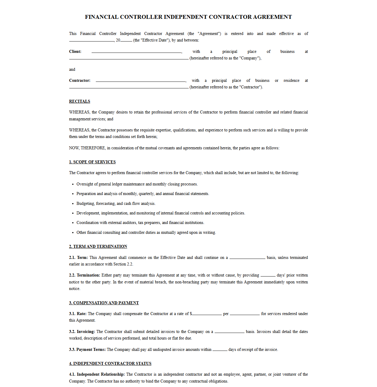 Financial Controller Independent Contractor Agreement