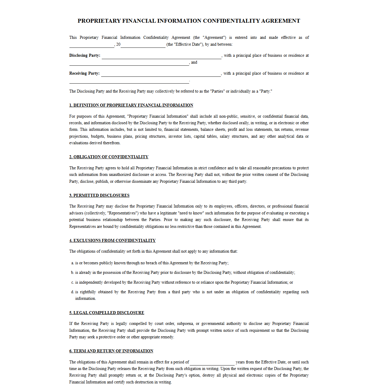 Financial Information Confidentiality Agreement Template