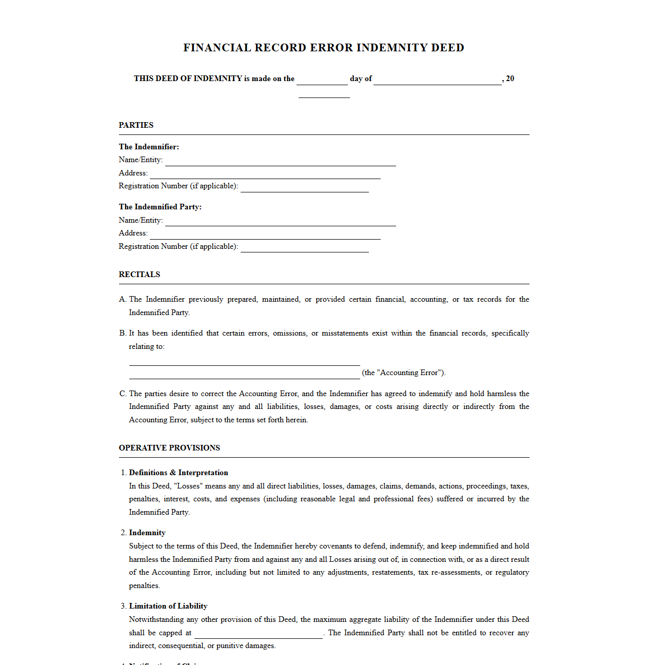 Financial Record Error Indemnity Deed