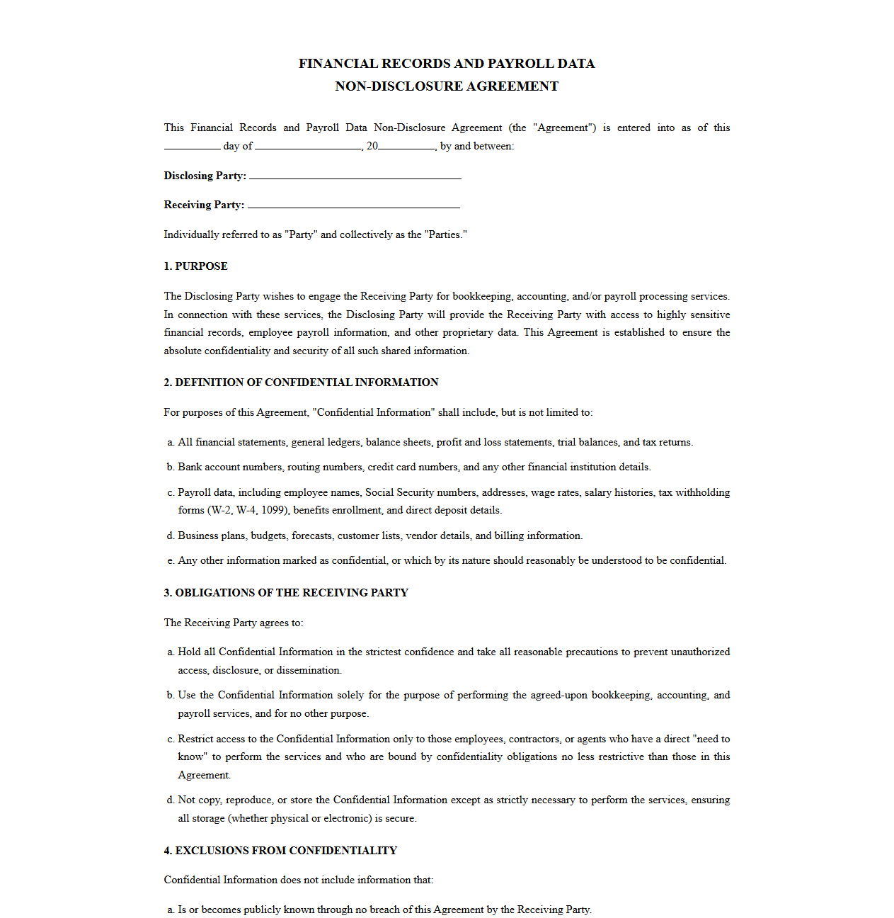 Financial Records and Payroll Data Non-Disclosure Agreement