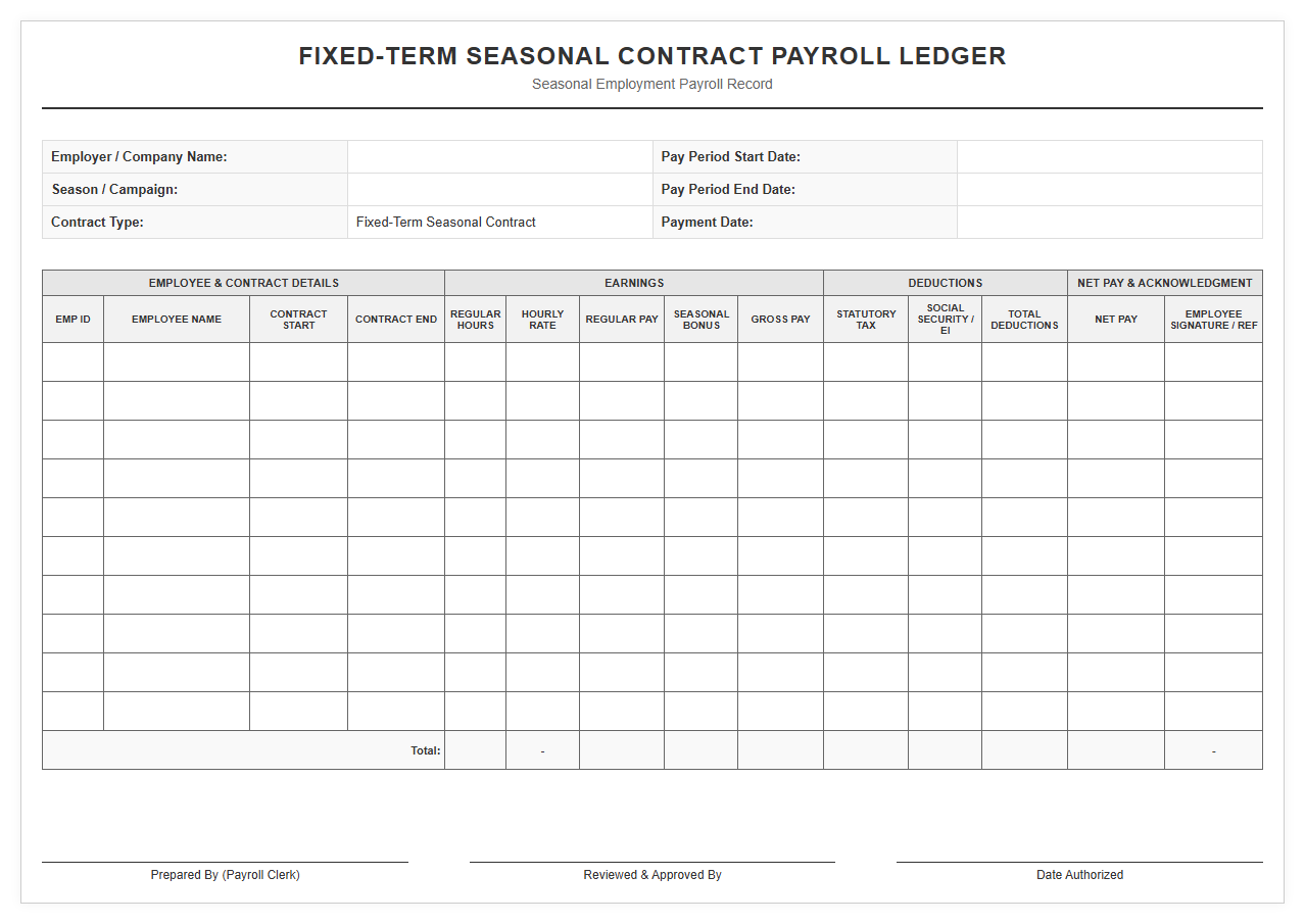 Fixed-Term Seasonal Contract Payroll Ledger