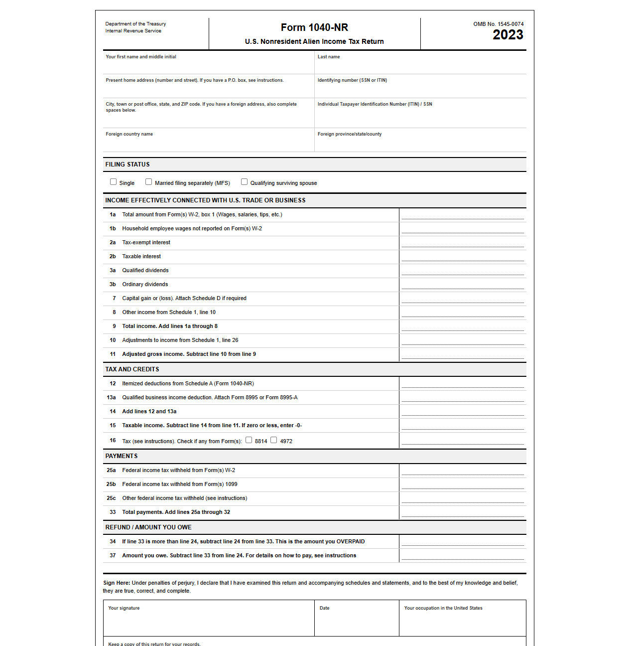 Form 1040NR Filing Template for Nonresident Aliens