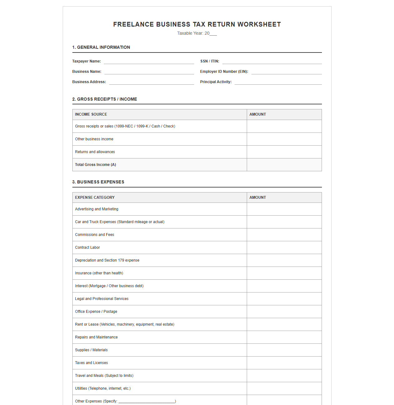 Freelance Business Tax Return Worksheet