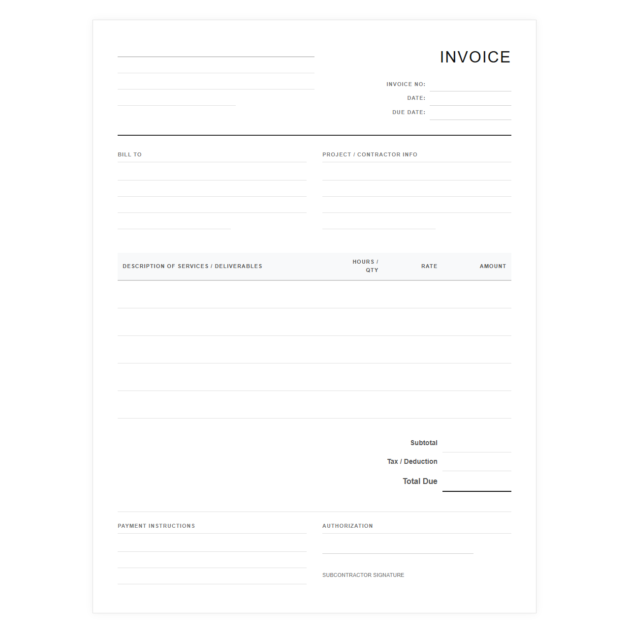 Freelance Subcontractor Billing Template