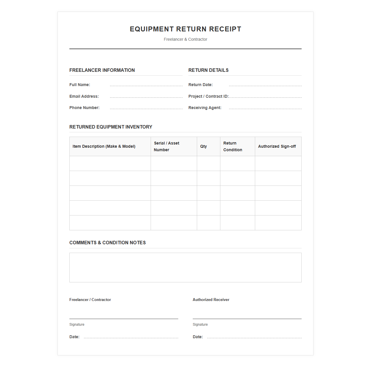 Freelancer Equipment Return Receipt Template