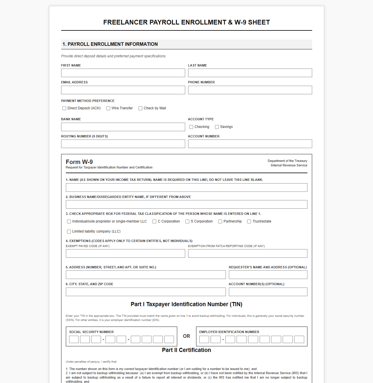 Freelancer Payroll Enrollment and Form W-9 Sheet