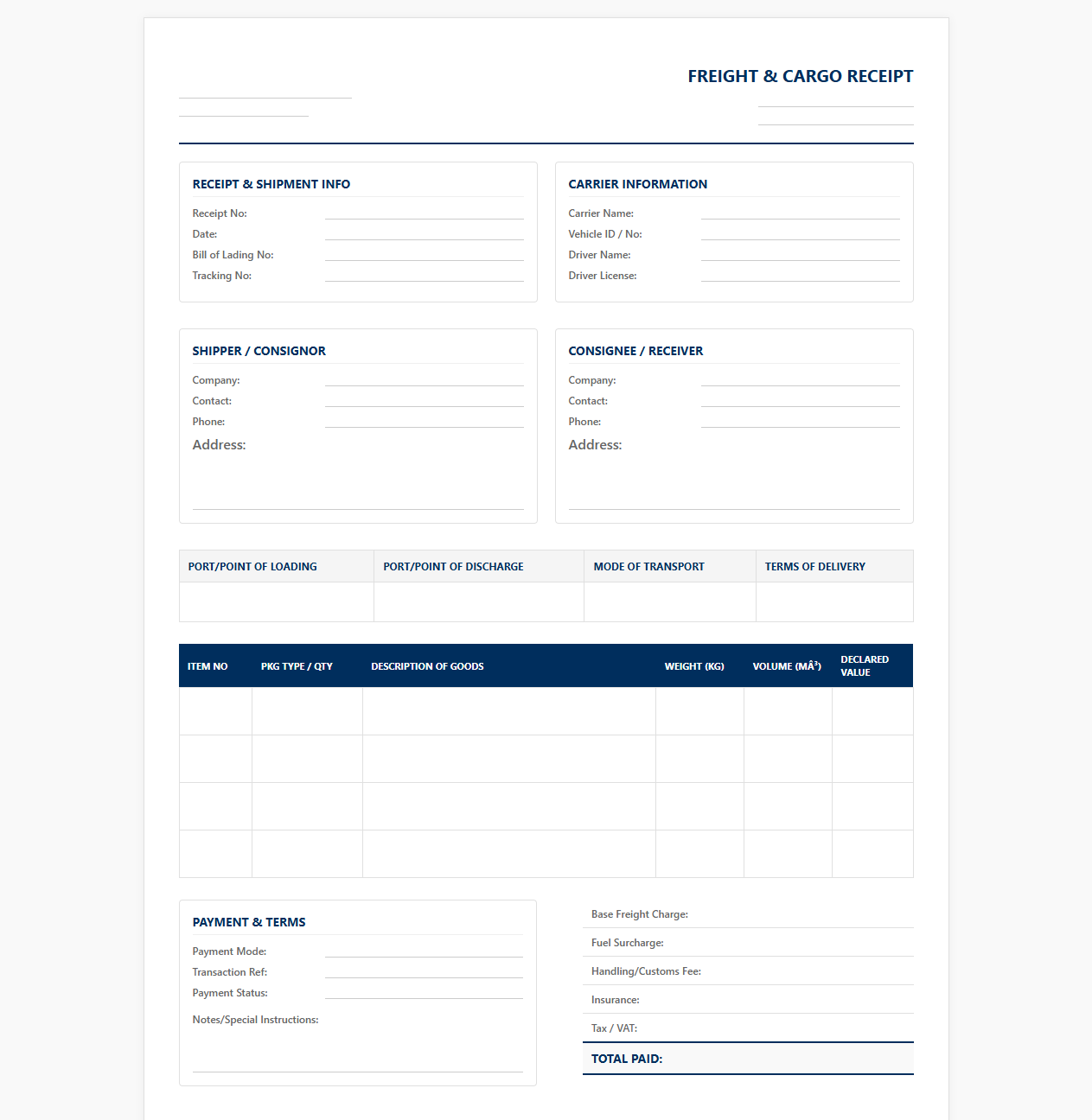 Freight and Cargo Shipping Receipt Template