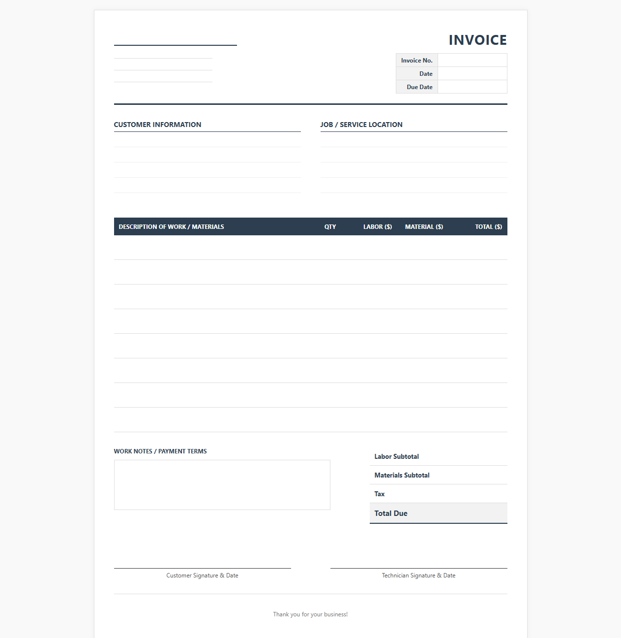 General Handyman Repair Service Invoice