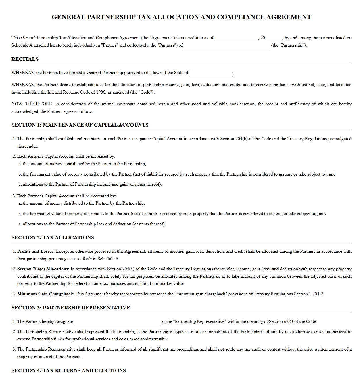 General Partnership Tax Allocation and Compliance Agreement