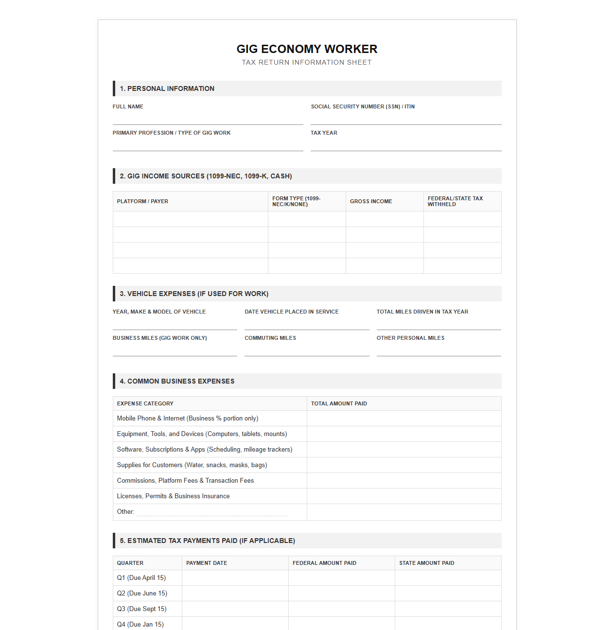 Gig Worker Tax Return Information Sheet