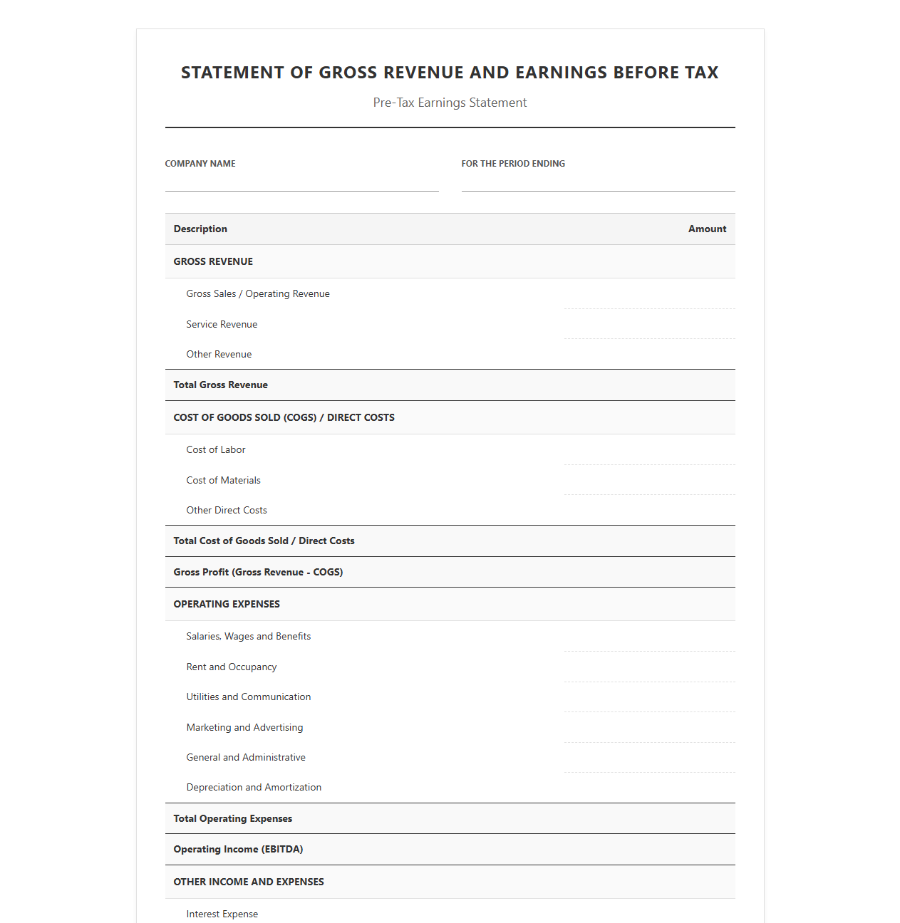 Gross Revenue and Earnings Before Tax Statement