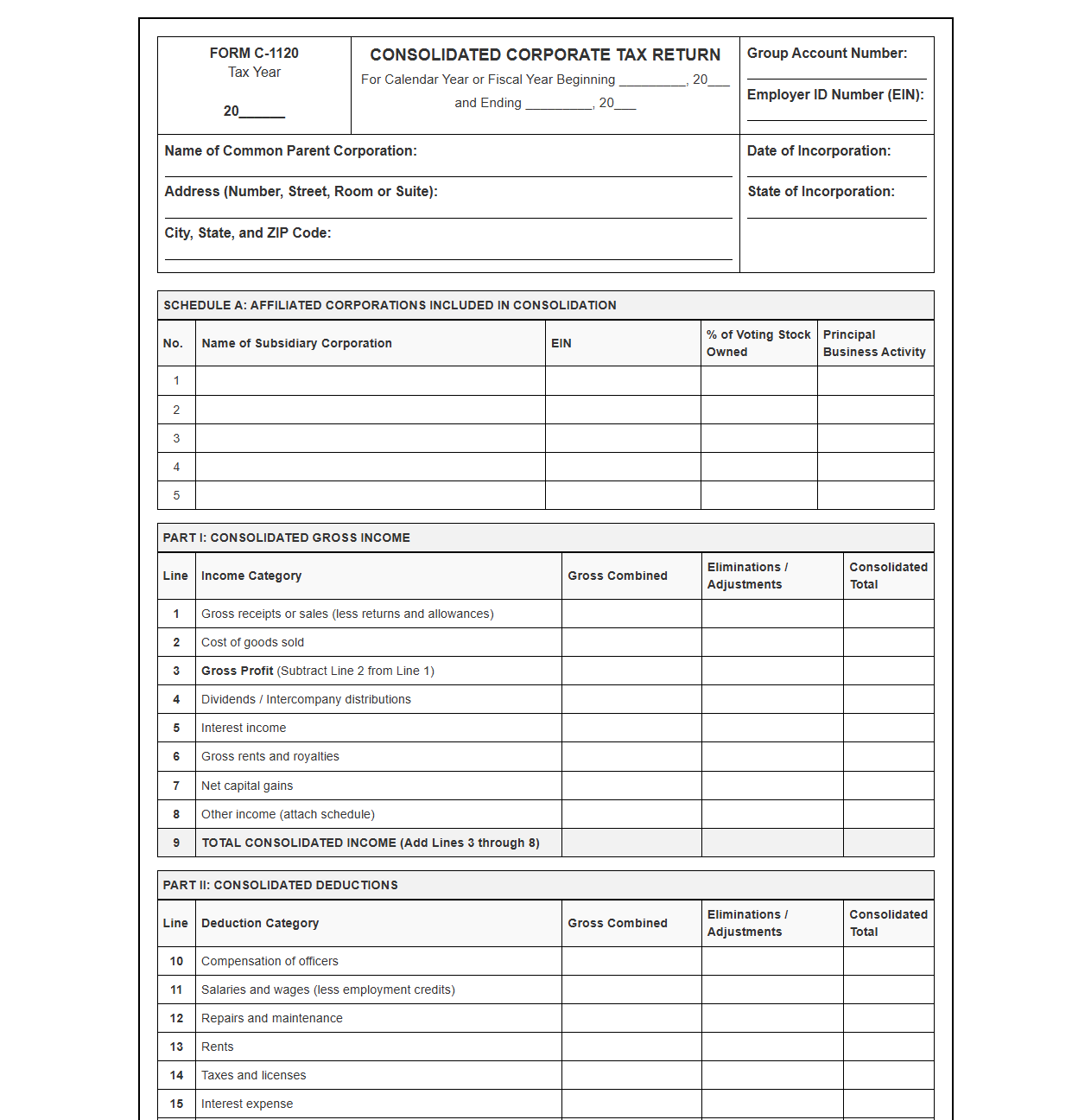 Group Consolidated Corporate Tax Return Template