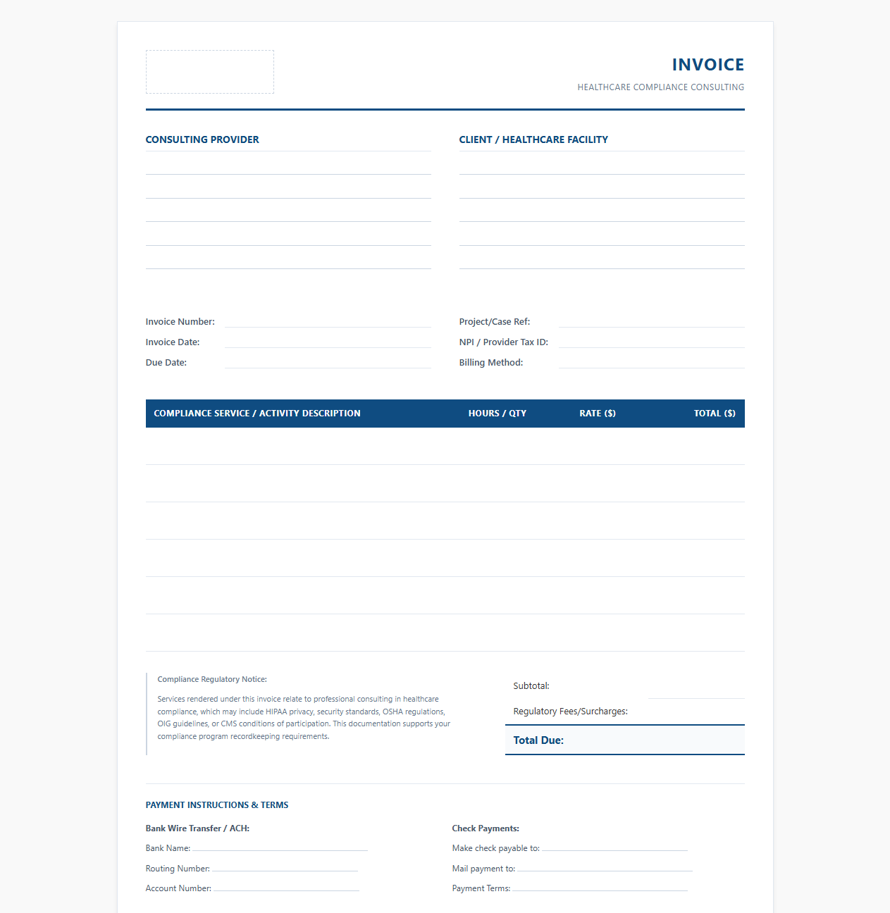 Healthcare Compliance Consulting Billing Template