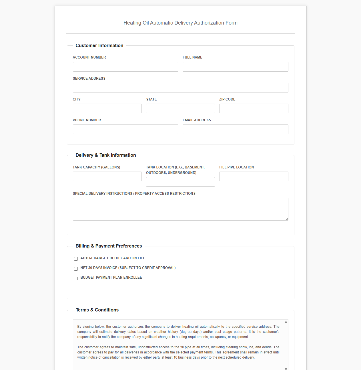 Heating Oil Automatic Delivery Authorization Form