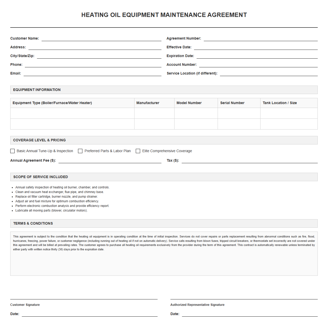 Heating Oil Equipment Maintenance Agreement