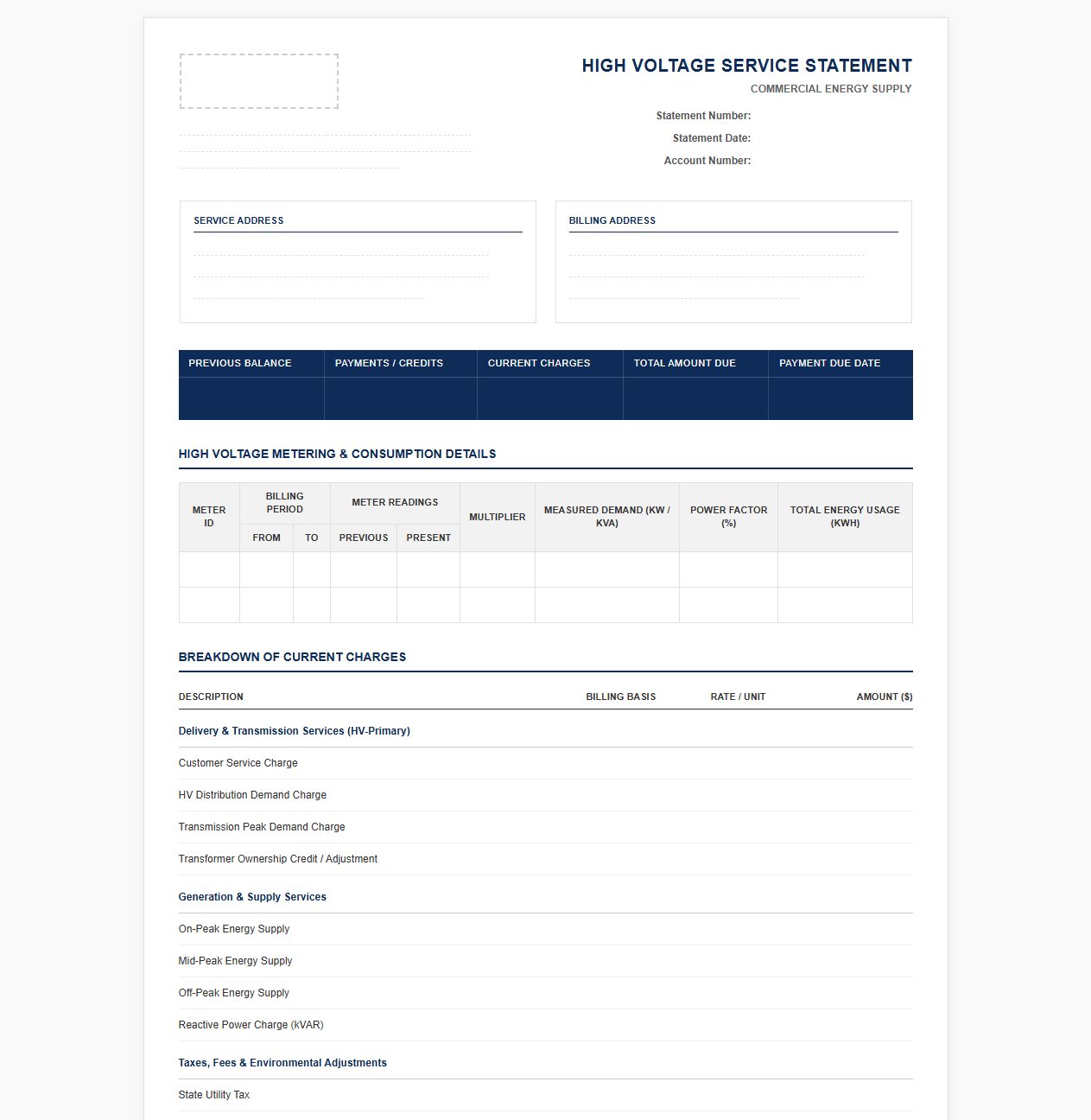 High Voltage Commercial Energy Billing Statement
