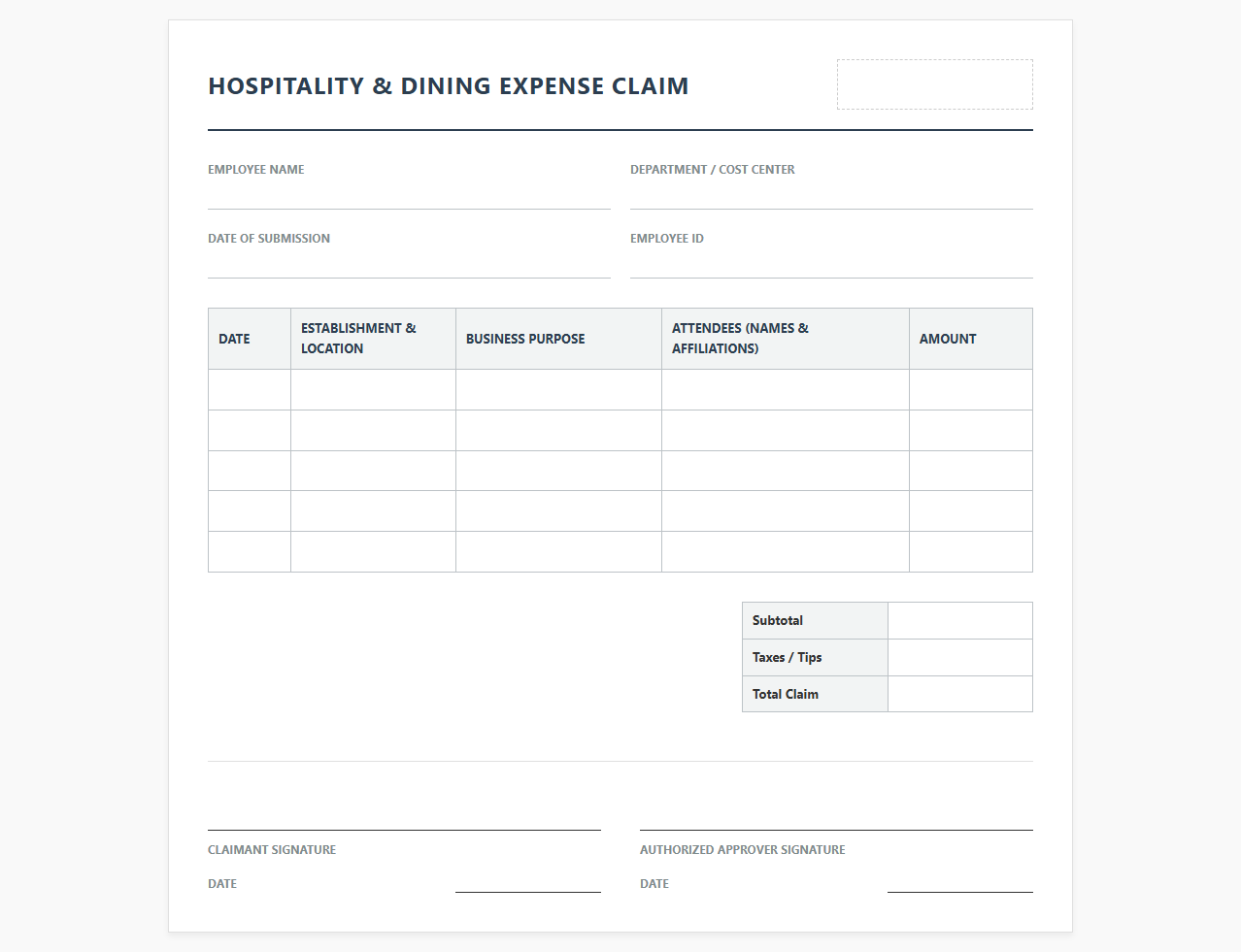 Hospitality and Dining Expense Claim Template