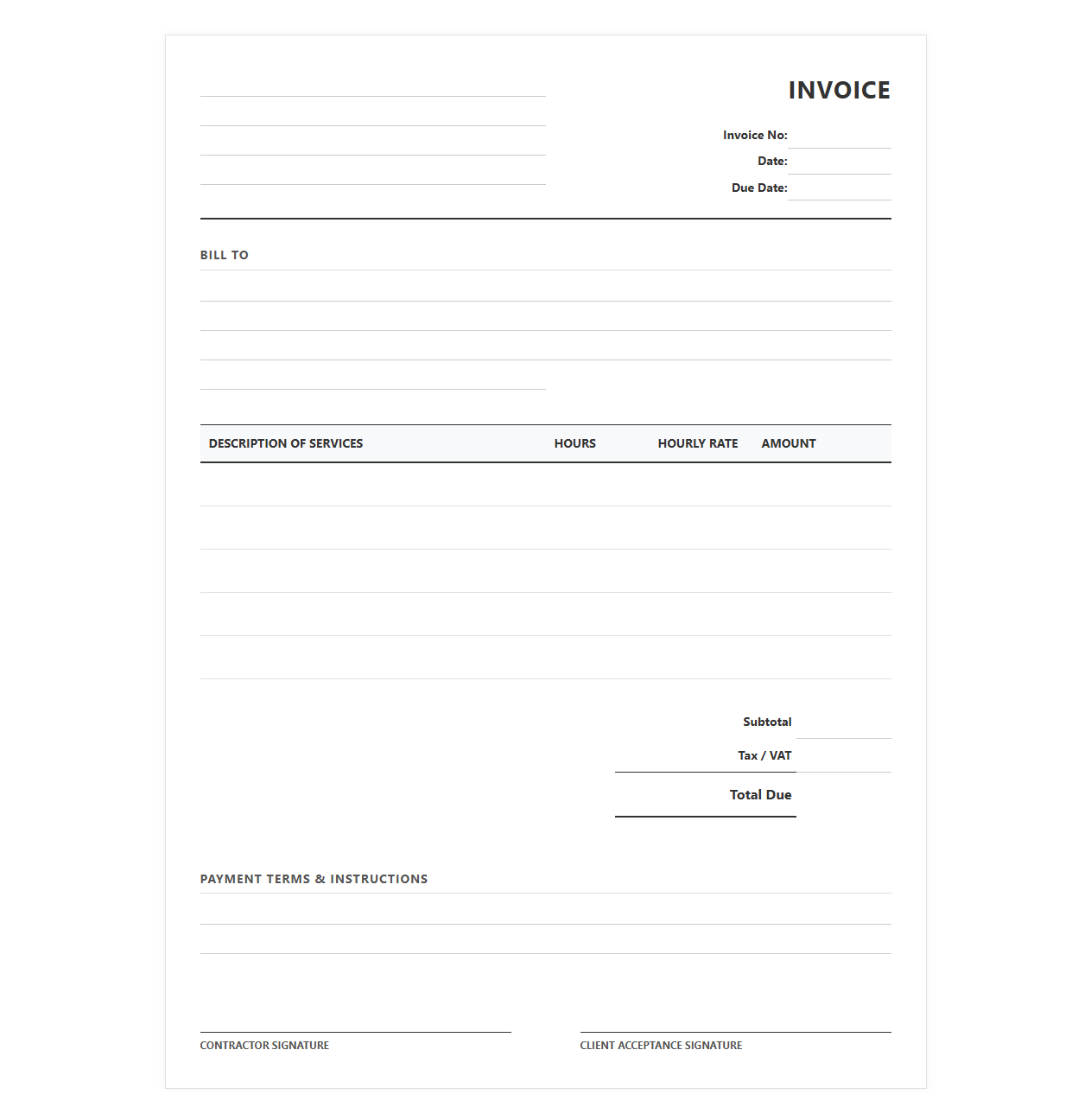 Hourly Contractor Service Billing Template