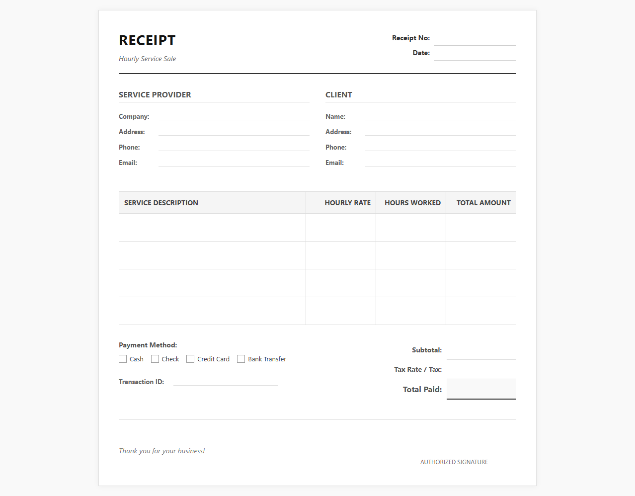 Hourly Rate Service Receipt Template