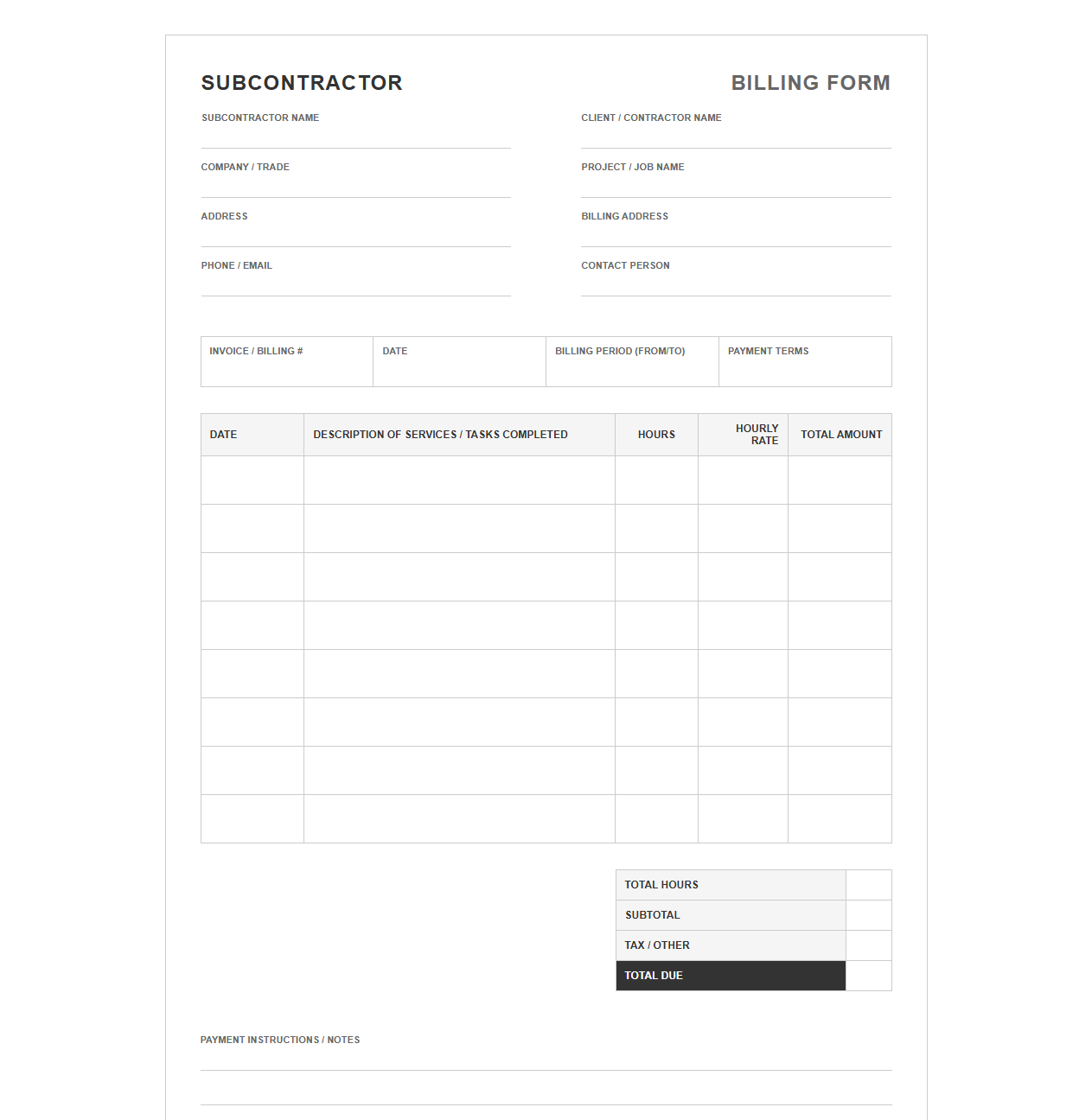Hourly Subcontractor Billing Form